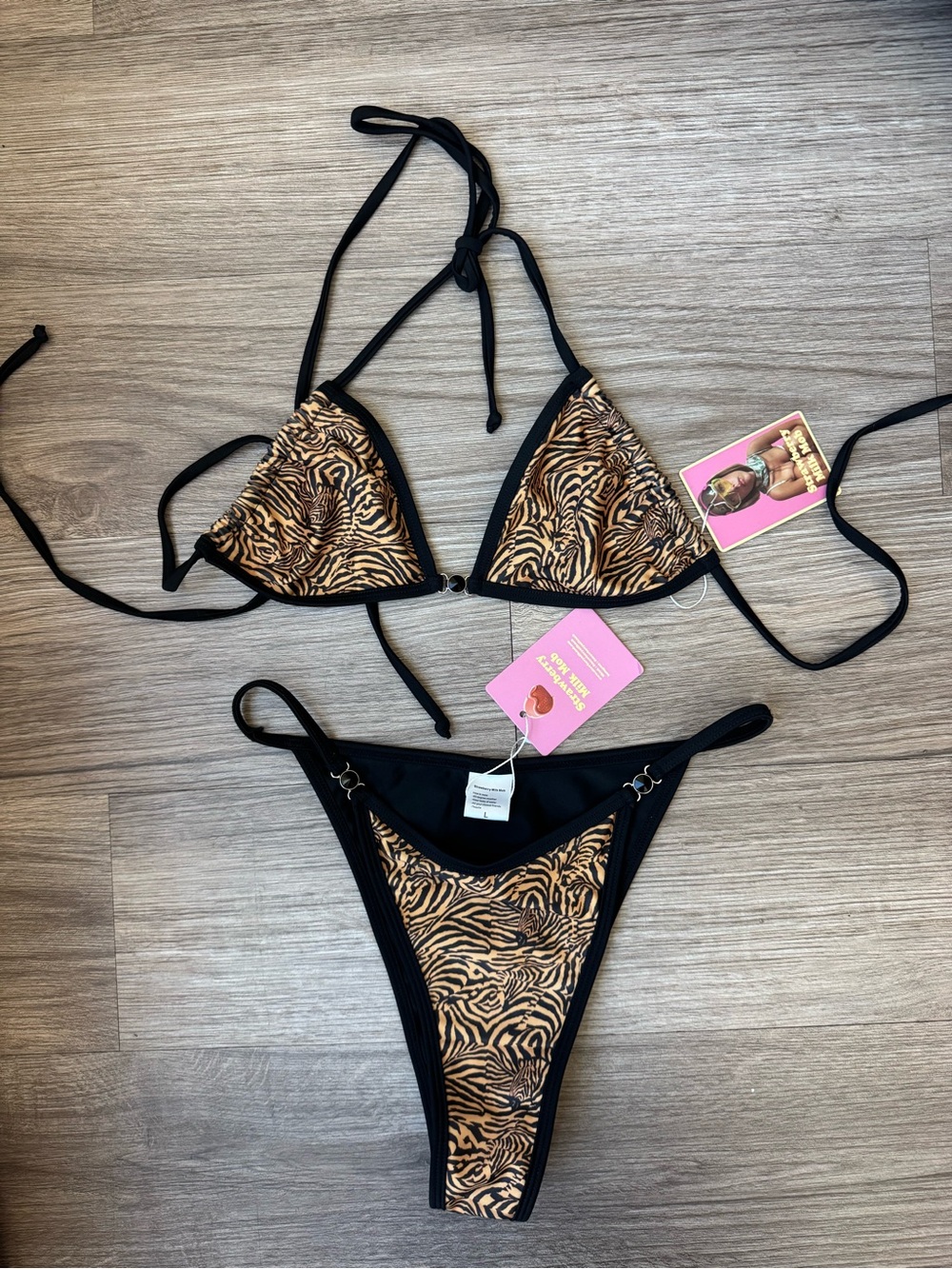 Strawberry Milk Mob Zebra Print Bikini Set Triangle Top M High Cut Bottoms L